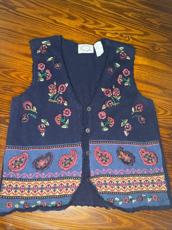 Erika Sweaters - Erika Navy Blue Floral Embroidered Sweater Vest